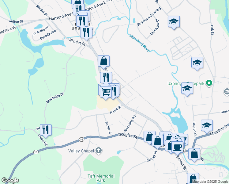 map of restaurants, bars, coffee shops, grocery stores, and more near 158 North Main Street in Uxbridge