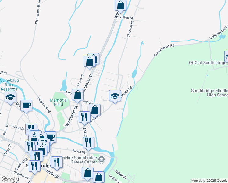 map of restaurants, bars, coffee shops, grocery stores, and more near 45 Guelphwood Road in Southbridge