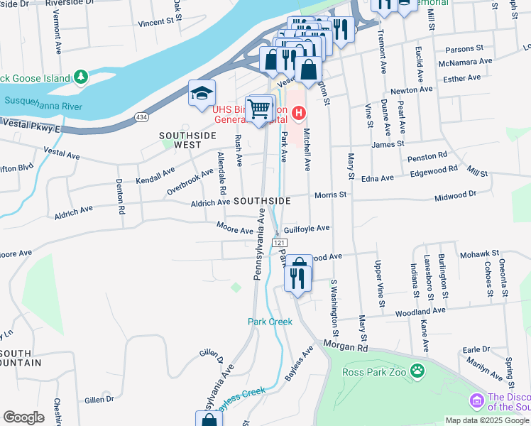 map of restaurants, bars, coffee shops, grocery stores, and more near 109 Pennsylvania Avenue in Binghamton