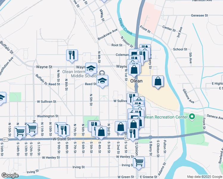 map of restaurants, bars, coffee shops, grocery stores, and more near 318 North 3rd Street in Olean