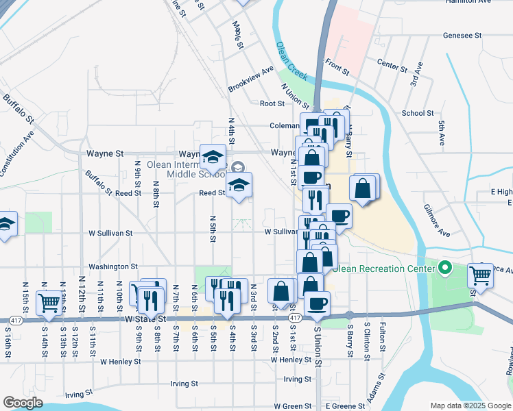 map of restaurants, bars, coffee shops, grocery stores, and more near 318 North 3rd Street in Olean