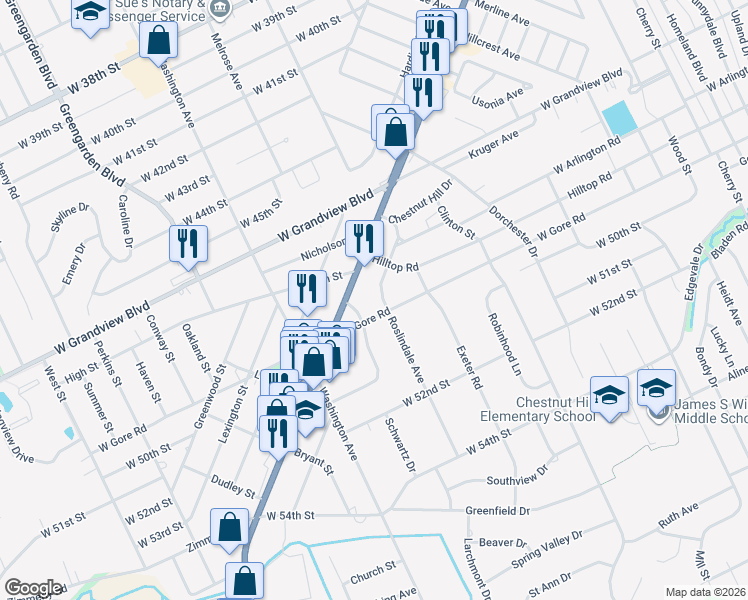 map of restaurants, bars, coffee shops, grocery stores, and more near 4924 Roslindale Avenue in Erie