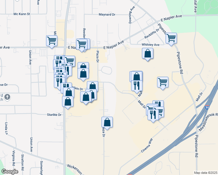 map of restaurants, bars, coffee shops, grocery stores, and more near 1350 Plaza Drive in Benton Harbor