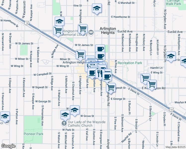map of restaurants, bars, coffee shops, grocery stores, and more near 9 South Dunton Avenue in Arlington Heights