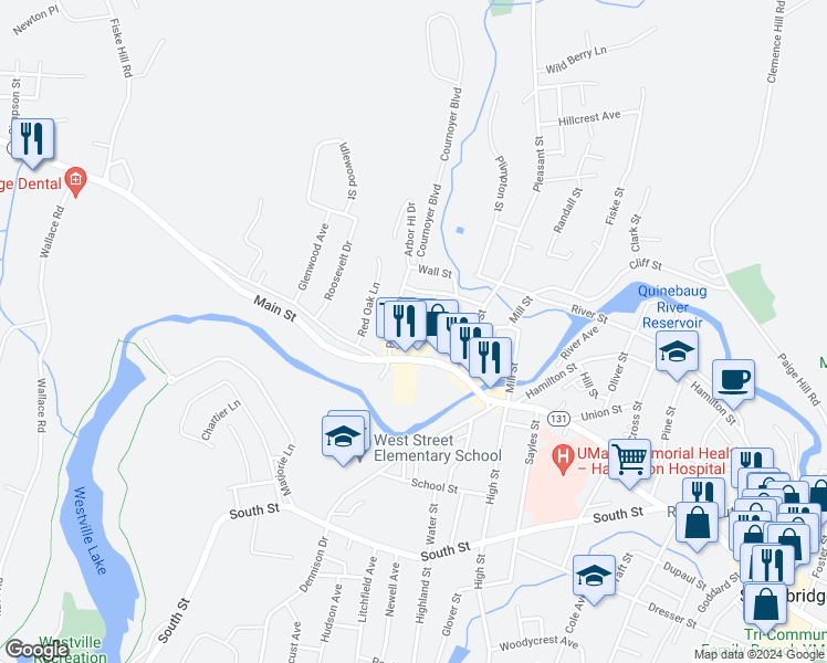 map of restaurants, bars, coffee shops, grocery stores, and more near 930 Main Street in Southbridge