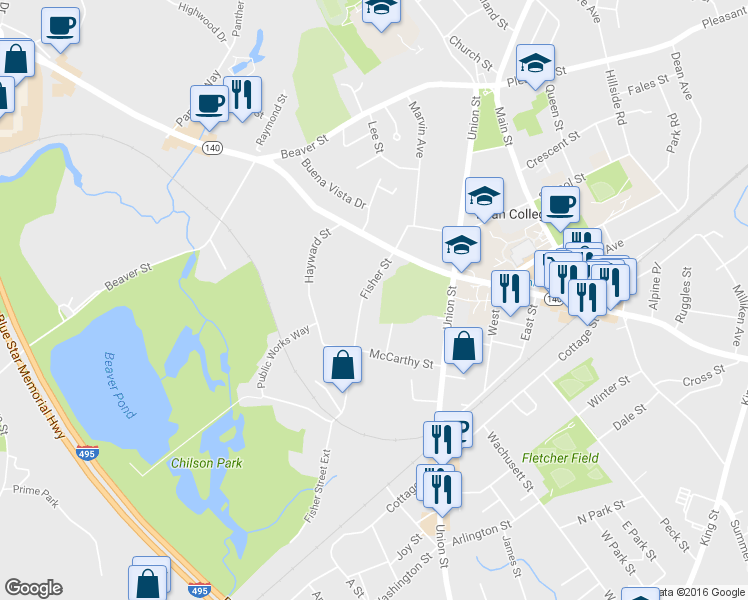 map of restaurants, bars, coffee shops, grocery stores, and more near 46 Fisher Street in Franklin