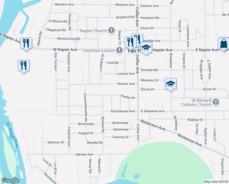 map of restaurants, bars, coffee shops, grocery stores, and more near 209 Hunter Drive in Benton Harbor