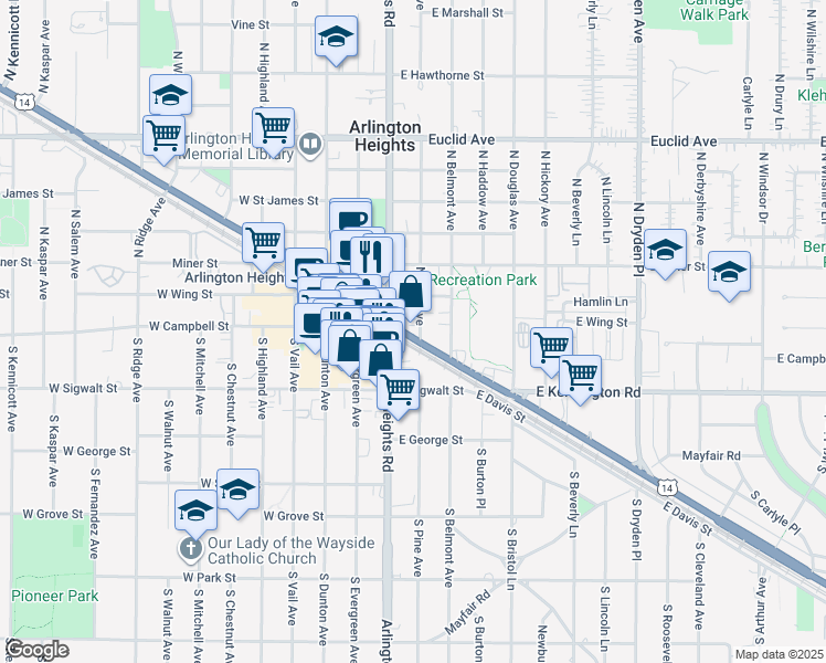 map of restaurants, bars, coffee shops, grocery stores, and more near 234 East Northwest Highway in Arlington Heights