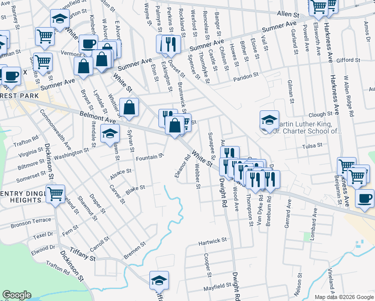 map of restaurants, bars, coffee shops, grocery stores, and more near 710 White Street in Springfield