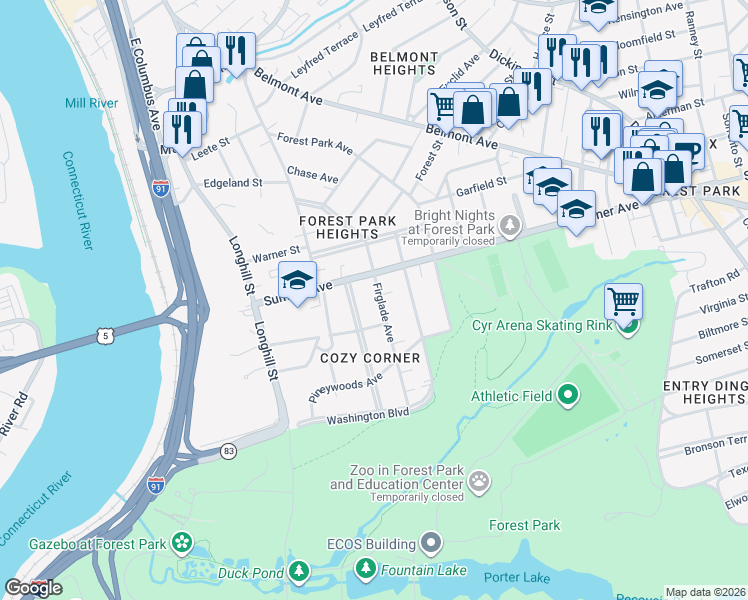 map of restaurants, bars, coffee shops, grocery stores, and more near 36 Firglade Avenue in Springfield