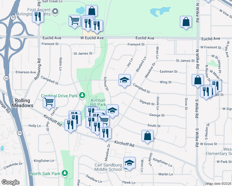 map of restaurants, bars, coffee shops, grocery stores, and more near 2801 Sigwalt Street in Rolling Meadows