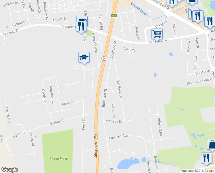 map of restaurants, bars, coffee shops, grocery stores, and more near 5 Rockland Circle in Brockton