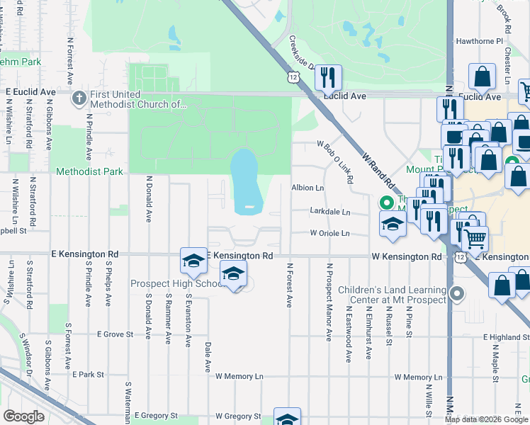 map of restaurants, bars, coffee shops, grocery stores, and more near 18 North Regency Drive East in Arlington Heights