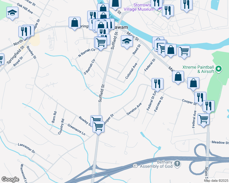 map of restaurants, bars, coffee shops, grocery stores, and more near 31 Stanley Place in Agawam