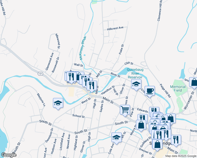 map of restaurants, bars, coffee shops, grocery stores, and more near Mill Street in Southbridge