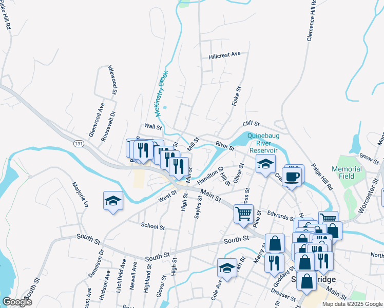 map of restaurants, bars, coffee shops, grocery stores, and more near Mill Street in Southbridge