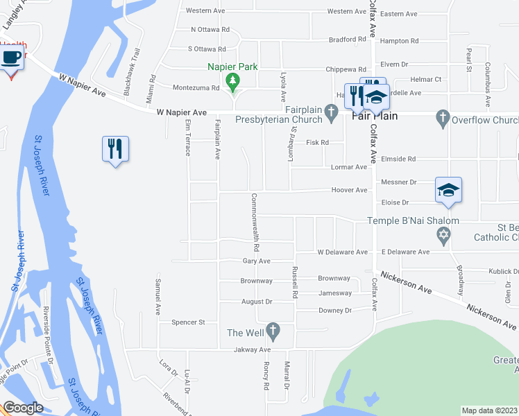 map of restaurants, bars, coffee shops, grocery stores, and more near 1975 Commonwealth Road in Benton Harbor