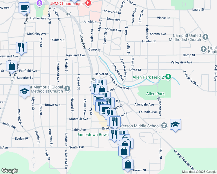 map of restaurants, bars, coffee shops, grocery stores, and more near 3 Barker Street in Jamestown
