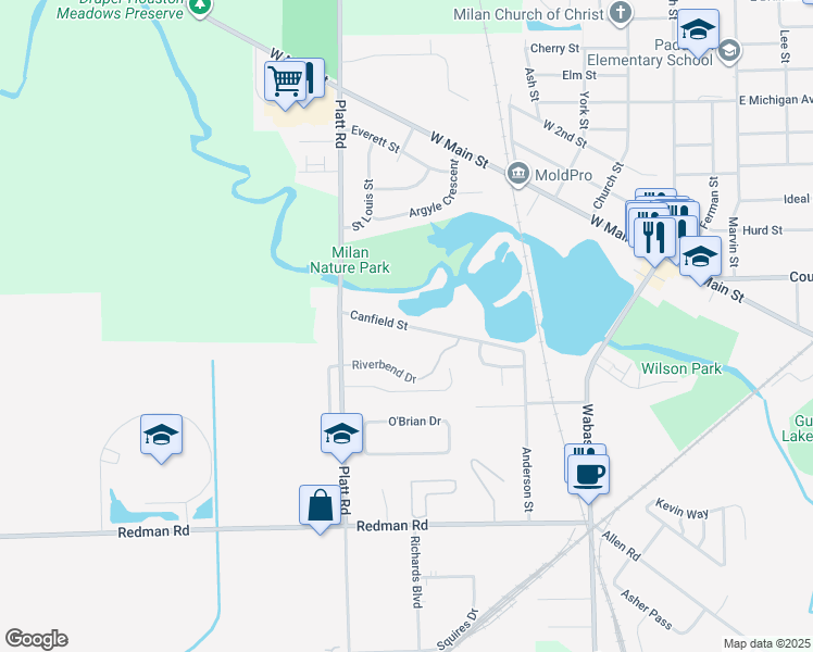 map of restaurants, bars, coffee shops, grocery stores, and more near 355 Canfield Street in Milan