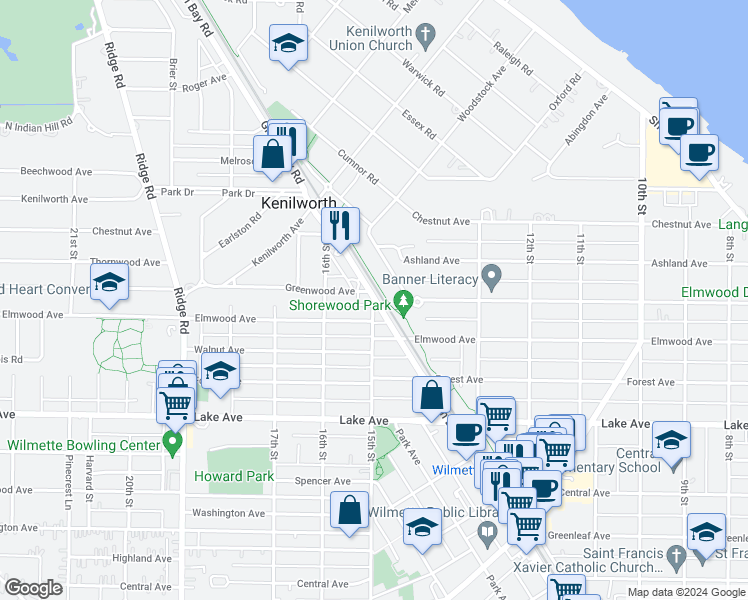 map of restaurants, bars, coffee shops, grocery stores, and more near Green Bay Road & 15th Street in Wilmette