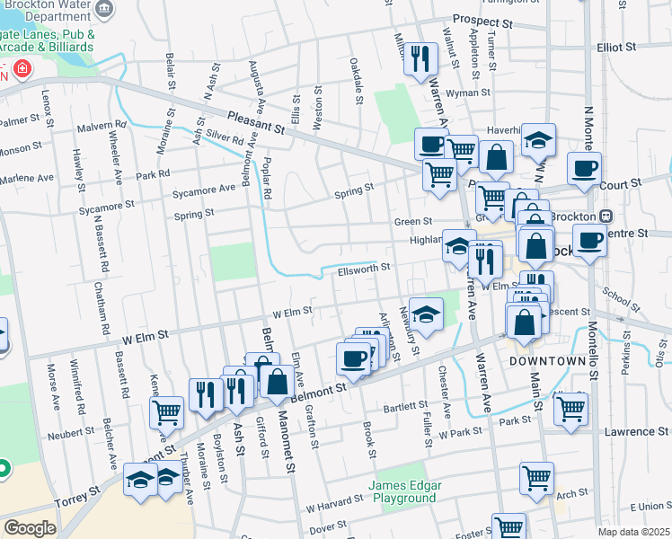 map of restaurants, bars, coffee shops, grocery stores, and more near 61 Ellsworth Street in Brockton