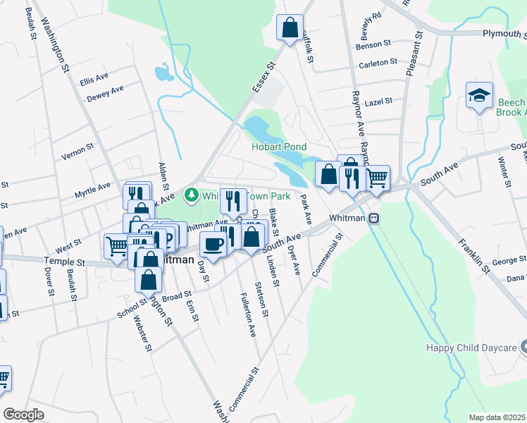 map of restaurants, bars, coffee shops, grocery stores, and more near 52 Charles Street in Whitman