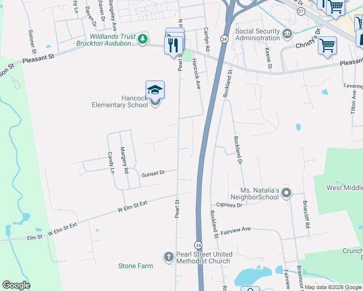 map of restaurants, bars, coffee shops, grocery stores, and more near 11 Colby Street in Brockton