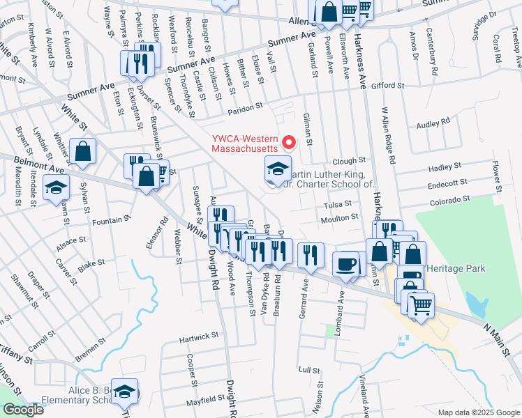 map of restaurants, bars, coffee shops, grocery stores, and more near 92-94 Barnum Street in Springfield
