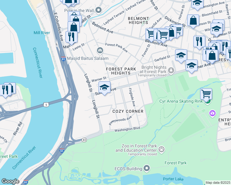 map of restaurants, bars, coffee shops, grocery stores, and more near 19-21 Beechwood Avenue in Springfield