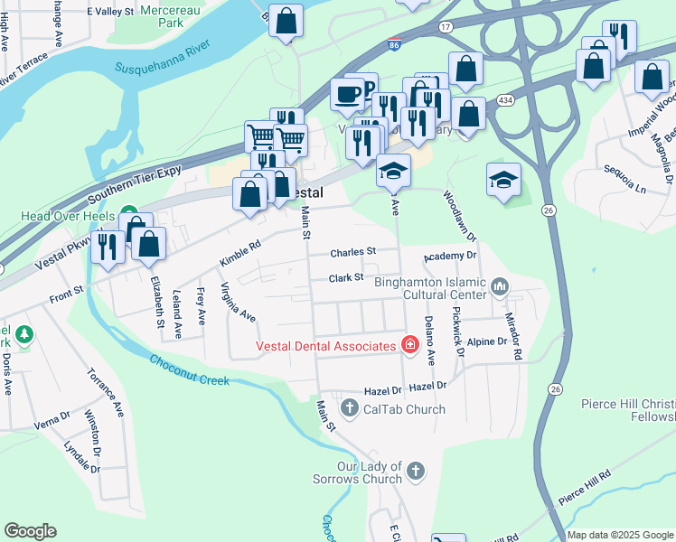 map of restaurants, bars, coffee shops, grocery stores, and more near 116 Clark Street in Vestal