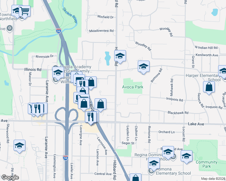 map of restaurants, bars, coffee shops, grocery stores, and more near 1036 Hibbard Road in Wilmette