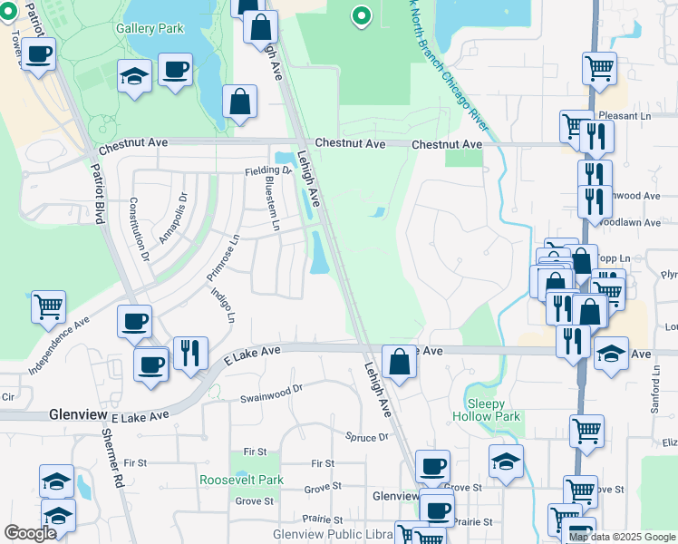 map of restaurants, bars, coffee shops, grocery stores, and more near 1502 Lehigh Avenue in Glenview