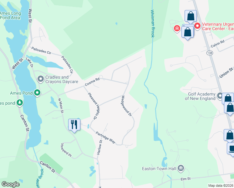 map of restaurants, bars, coffee shops, grocery stores, and more near 22 Cherry Ridge Lane in Easton
