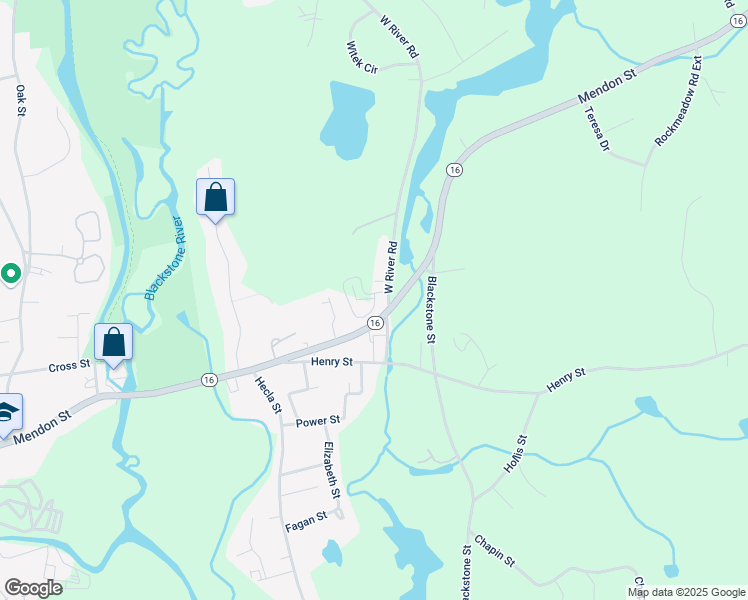 map of restaurants, bars, coffee shops, grocery stores, and more near 2 West River Road in Uxbridge