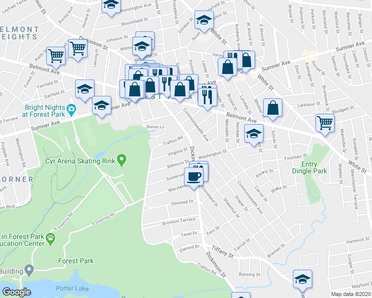 map of restaurants, bars, coffee shops, grocery stores, and more near 12 Virginia Street in Springfield