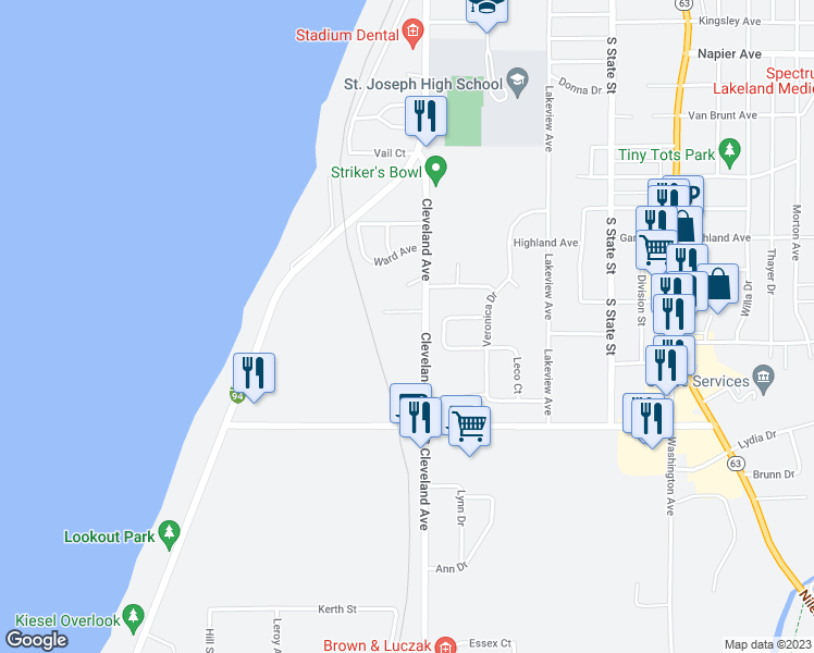 map of restaurants, bars, coffee shops, grocery stores, and more near 2900 Cleveland Avenue in St. Joseph