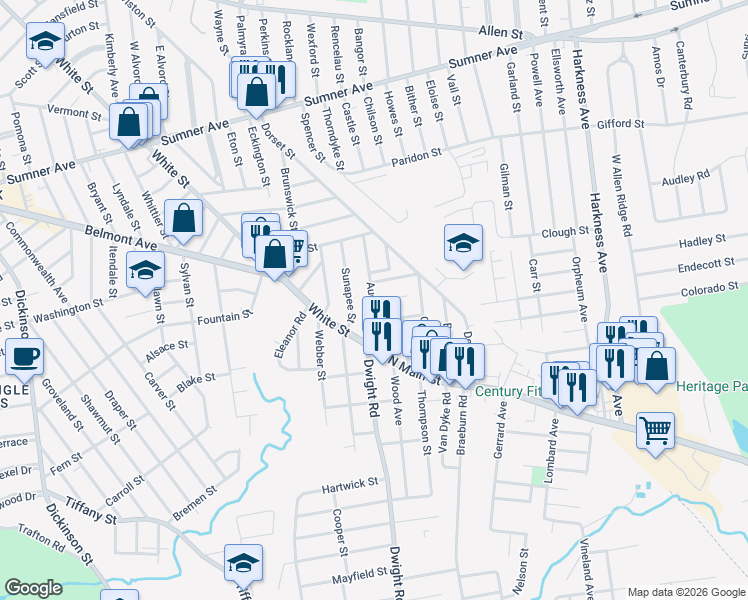 map of restaurants, bars, coffee shops, grocery stores, and more near 2 Lawn Street in Springfield