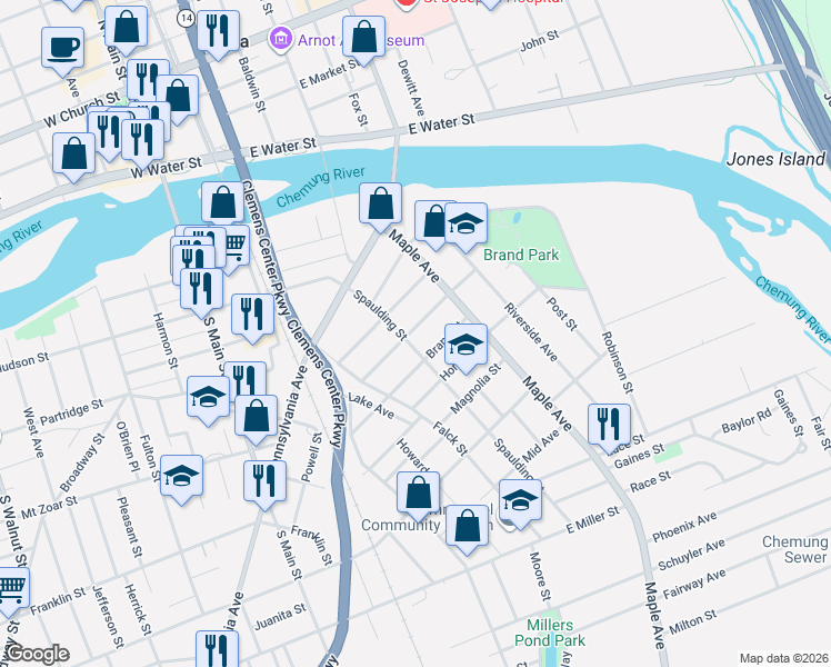 map of restaurants, bars, coffee shops, grocery stores, and more near 457 Spaulding Street in Elmira