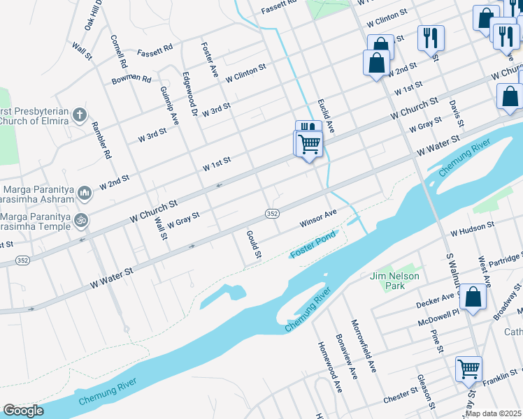 map of restaurants, bars, coffee shops, grocery stores, and more near 800 West Water Street in Elmira