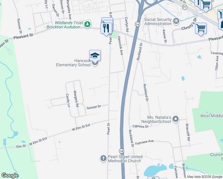 map of restaurants, bars, coffee shops, grocery stores, and more near 11 Colby Street in Brockton