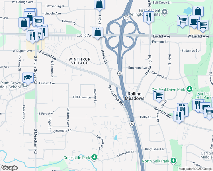 map of restaurants, bars, coffee shops, grocery stores, and more near 2600 Brookwood Way Drive in Rolling Meadows