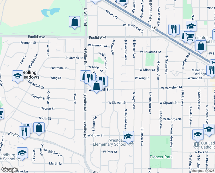 map of restaurants, bars, coffee shops, grocery stores, and more near 7 North Reuter Drive in Arlington Heights