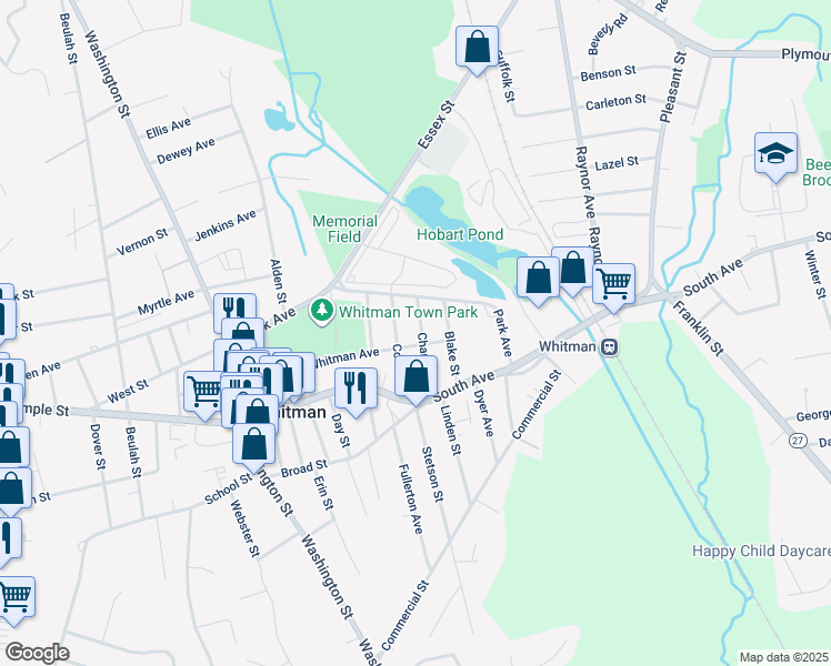 map of restaurants, bars, coffee shops, grocery stores, and more near 52 Charles Street in Whitman