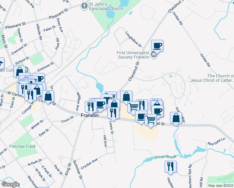 map of restaurants, bars, coffee shops, grocery stores, and more near 272 Glen Meadow Road in Franklin