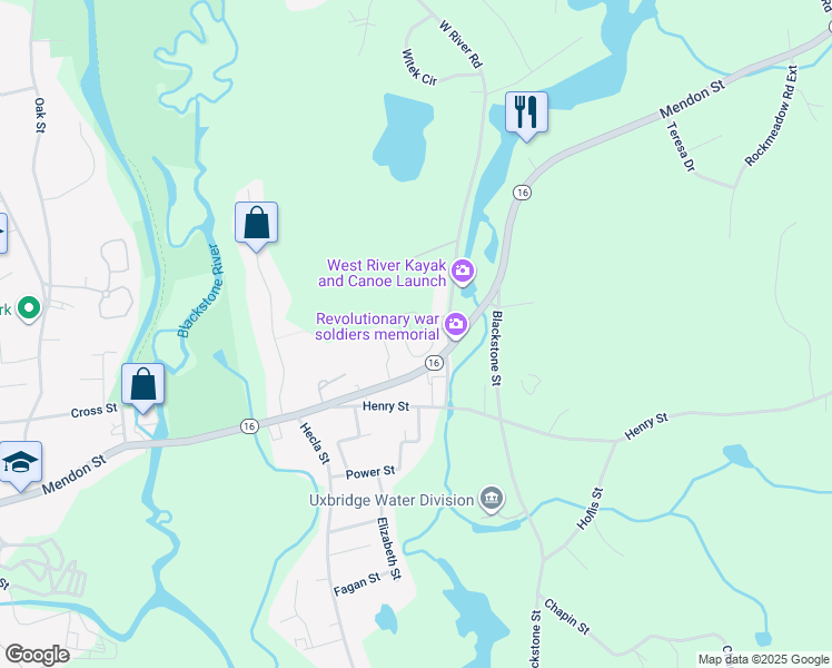 map of restaurants, bars, coffee shops, grocery stores, and more near 300 Mendon Street in Uxbridge