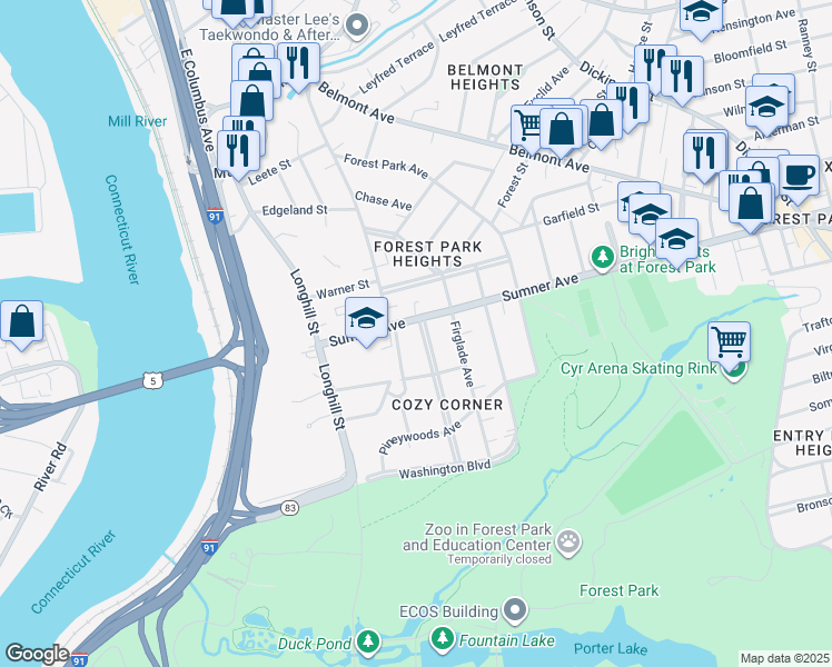 map of restaurants, bars, coffee shops, grocery stores, and more near 19-21 Beechwood Avenue in Springfield
