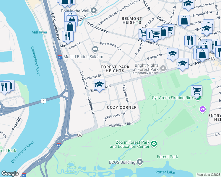 map of restaurants, bars, coffee shops, grocery stores, and more near 19-21 Beechwood Avenue in Springfield