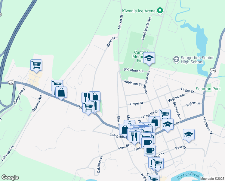 map of restaurants, bars, coffee shops, grocery stores, and more near 106 Elm St in Saugerties