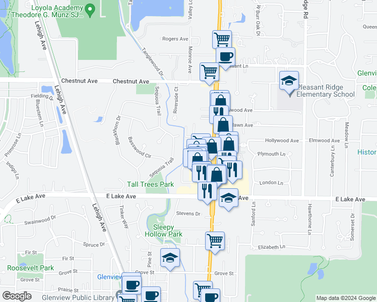 map of restaurants, bars, coffee shops, grocery stores, and more near 1444 Pebblecreek Drive in Glenview