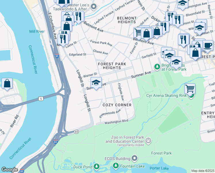 map of restaurants, bars, coffee shops, grocery stores, and more near 83-91 Sumner Avenue in Springfield